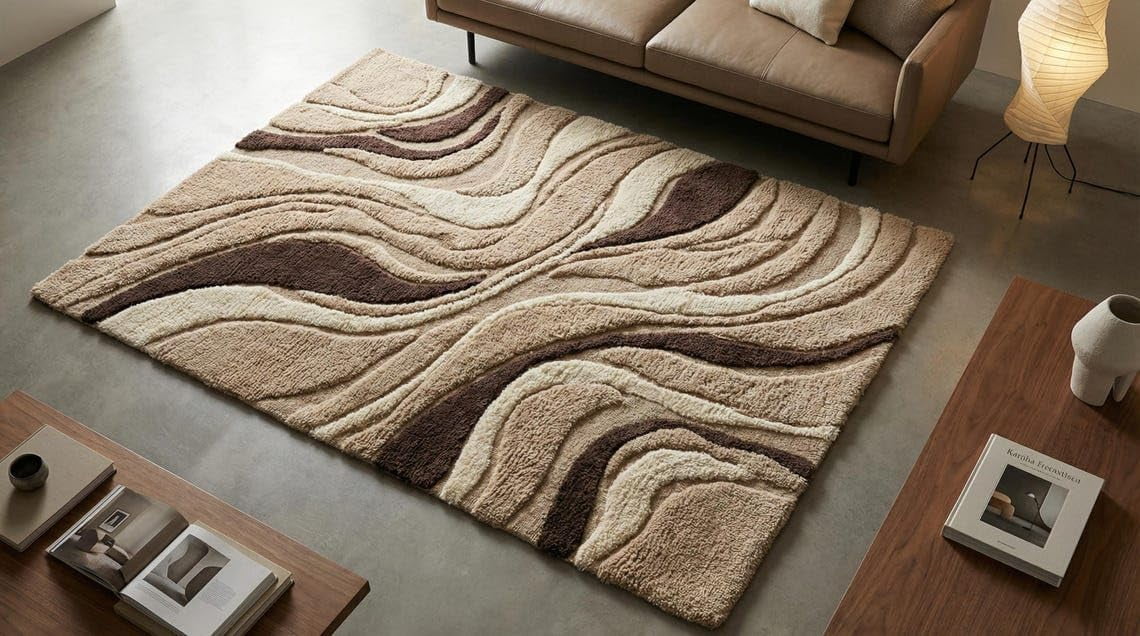 Beige Tan Pattern Rug Hand-Tufted Wool Abstract Area Rug, Brown and Beige Wave Pattern Carved ...