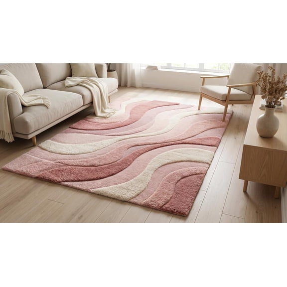 Hand-Tufted Wool Abstract Area Rug, Pink and Cream Wave Pattern Carved Carpet for Living Room and Bedroom 2x10 ft Runner
