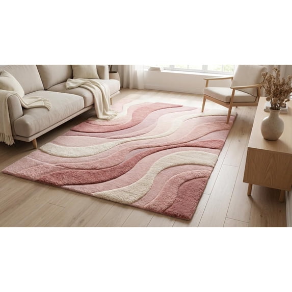 Patterned Wool Runner Rugs Hand-Tufted Wool Abstract Area Rug, Pink and Cream Wave Pattern Carved ...