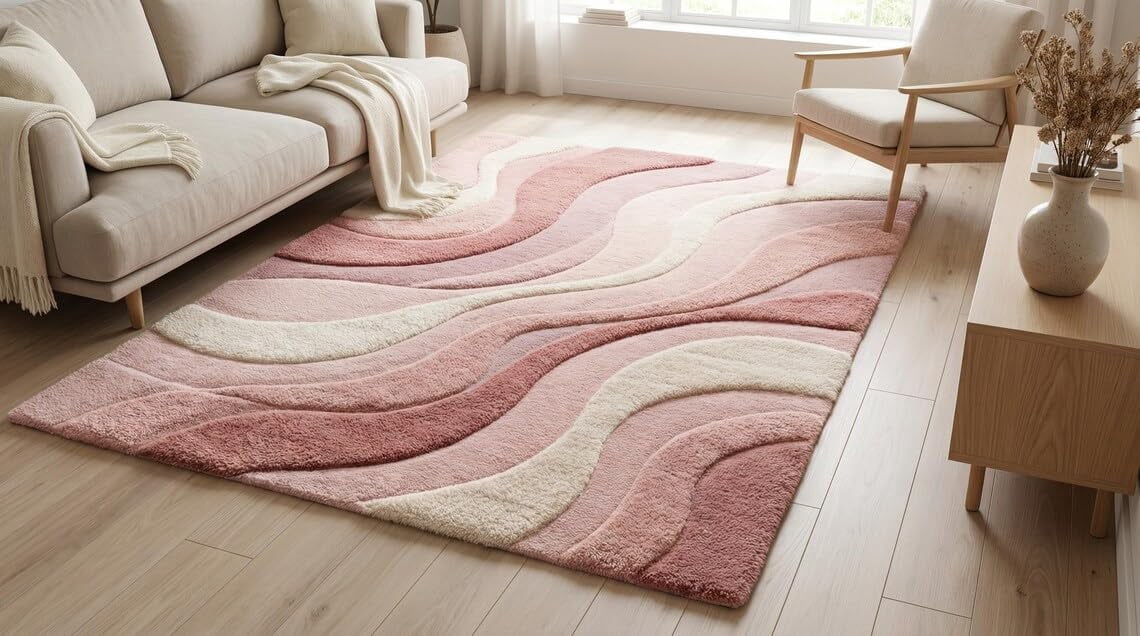 Hand-Tufted Wool Abstract Area Rug, Pink and Cream Wave Pattern Carved ...