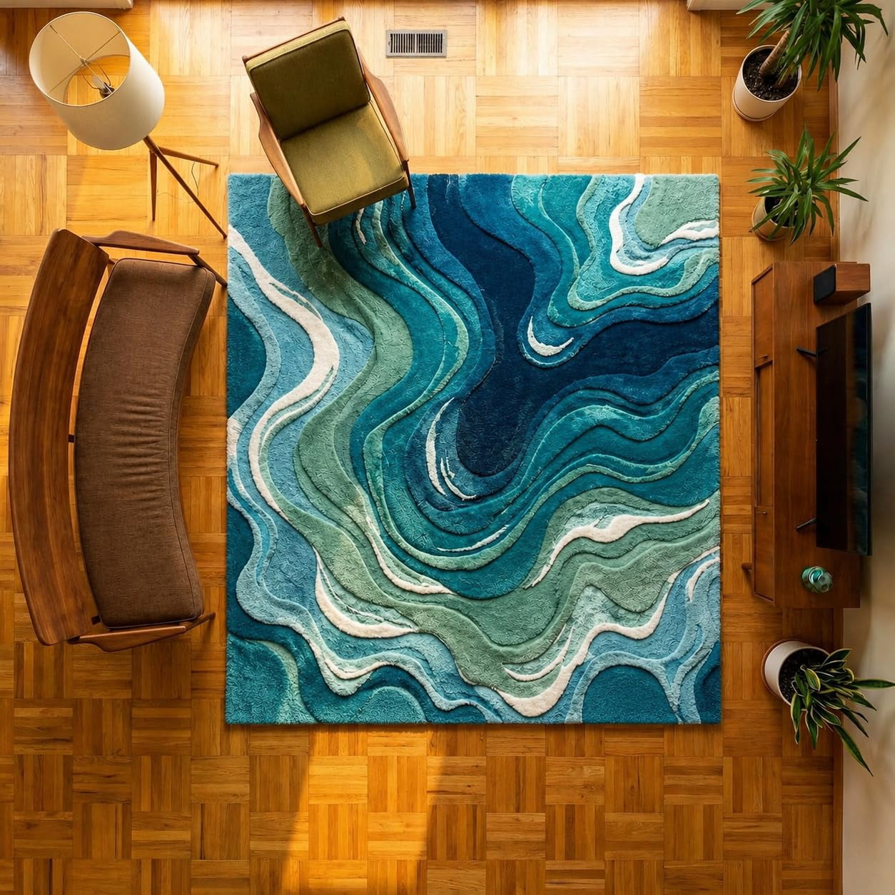 Blue Wavy Pattern Rug Hand-Tufted Wool Abstract Area Rug, Teal Blue and Ocean Wave Pattern ...