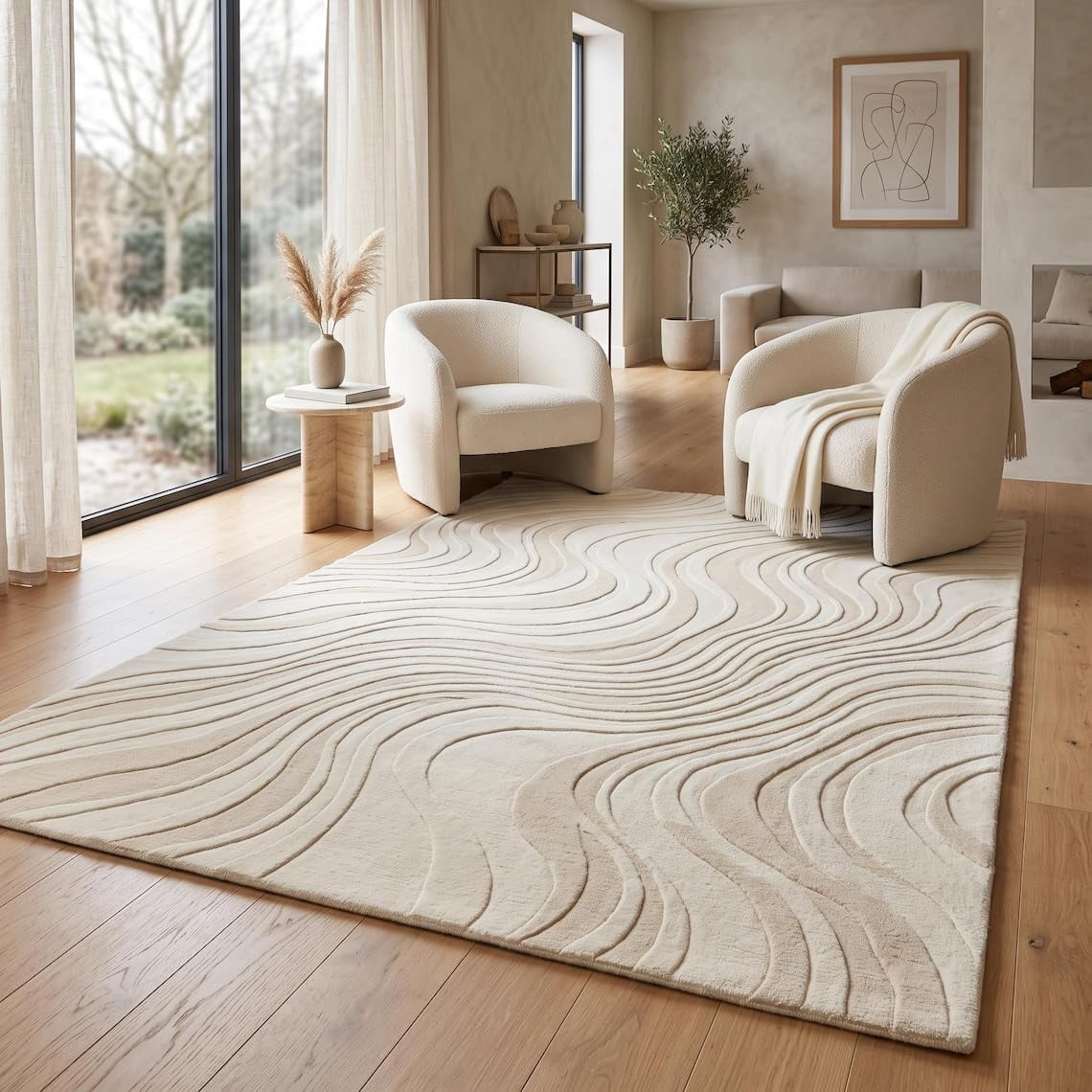 Patterns Chloses Hand-Tufted Wool Abstract Multi-Level Carved Wavy Pattern Cream Beige ...