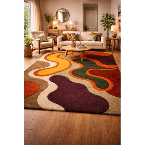 Hand-Tufted Wool Abstract Organic Blobs Wave Pattern Multi-Color Rug for Living Room and Bedroom – 6x6 Feet