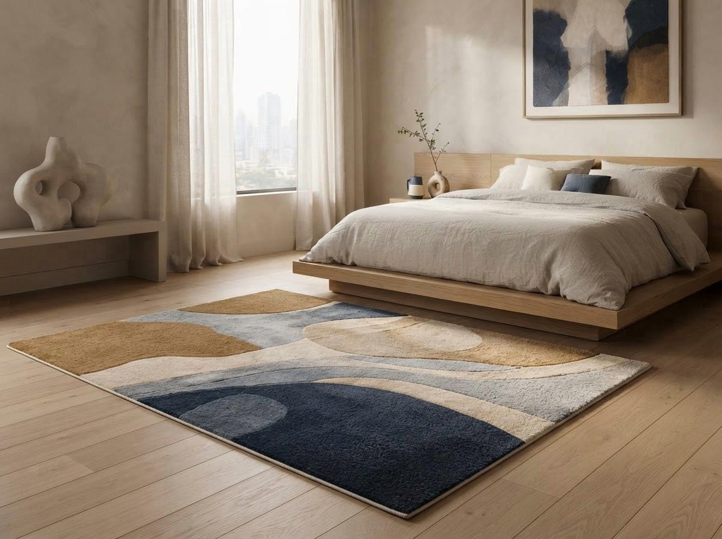 Blue Wavy Pattern Rug Hand-Tufted Wool Abstract Organic Blobs and Wavy Pattern Area Rug with ...