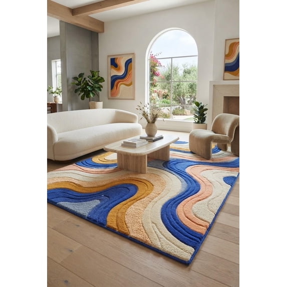 Chunky Wool Abstract Rug Hand-Tufted Wool Abstract Retro Wave Multi-Color Blue and Ochre Area ...