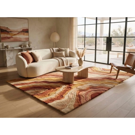 Wavy Edged Rug Hand-Tufted Wool Abstract Terracotta and Ochre Wavy Line Area Rug for ...
