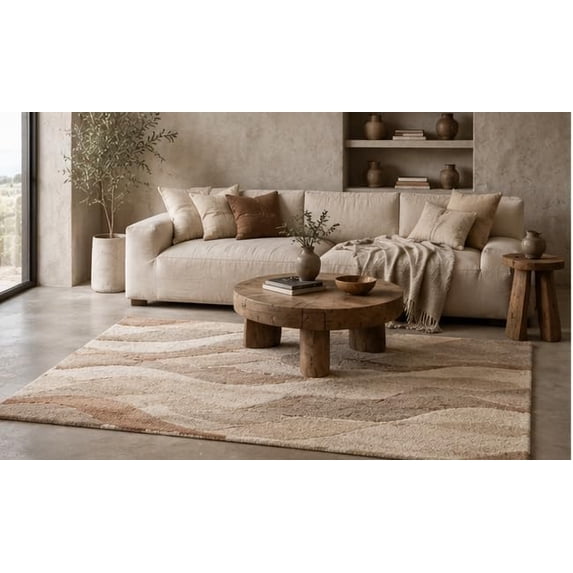 Earthy Brown Rug Hand-Tufted Wool Abstract Wave Earth Tone Brown and Beige Area Rug for ...