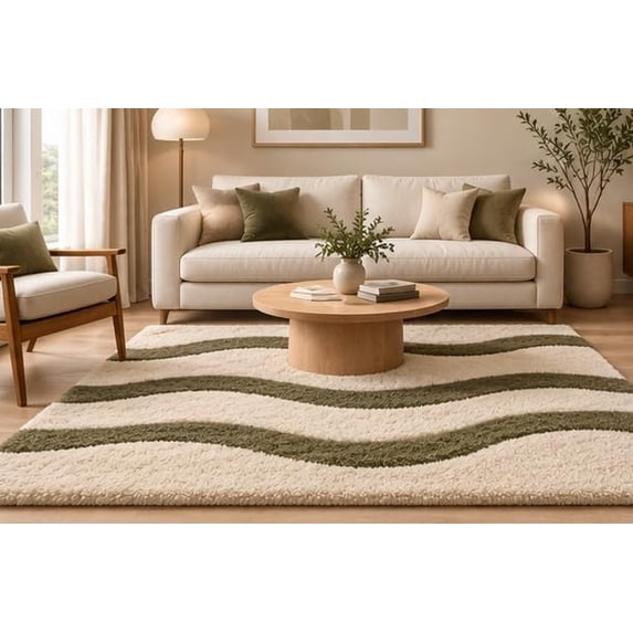 Wool Mix Abstract Rug Hand-Tufted Wool Abstract Wavy Line Area Rug with Olive Green and Cream ...