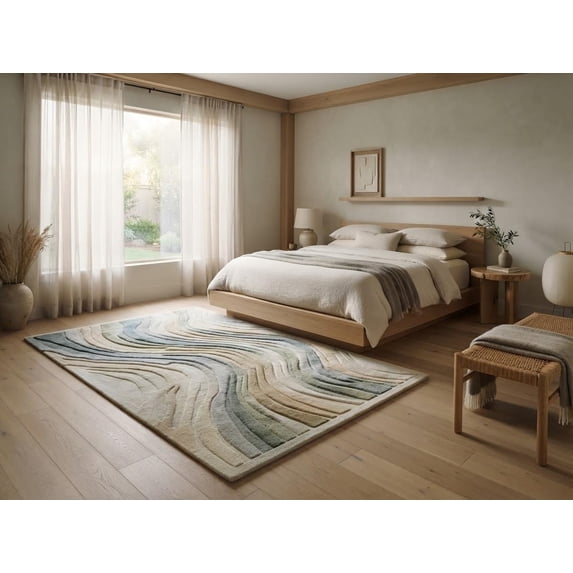 Woolly Rug Hand-Tufted Wool Abstract Wavy Line Area Rug with Sage and Muted Earth ...