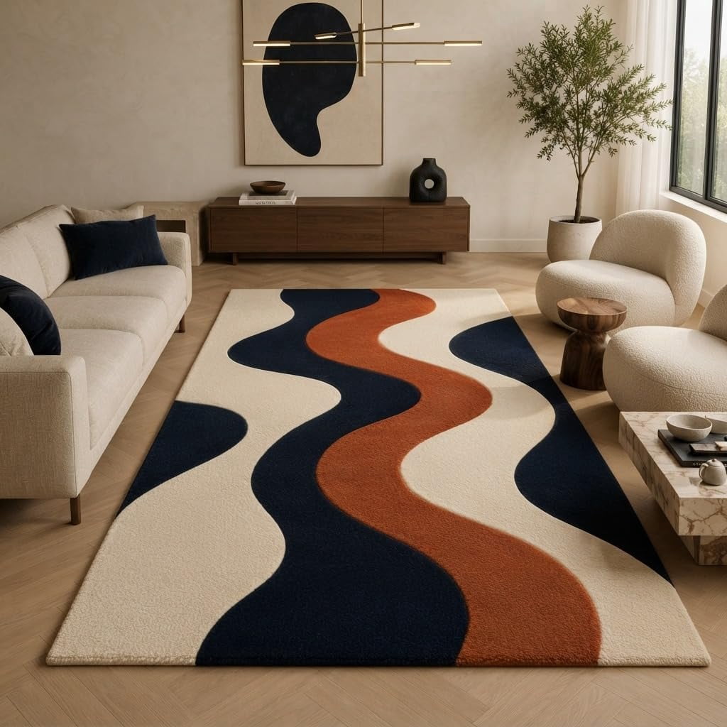 Blue Wavy Pattern Rug Hand-Tufted Wool Abstract Wavy Pattern Navy Blue and Terracotta Area ...