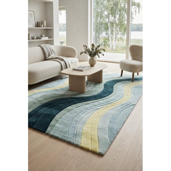Wavy Edged Rug Hand-Tufted Wool Abstract Wavy Stream Blue and Yellow Area Rug for ...