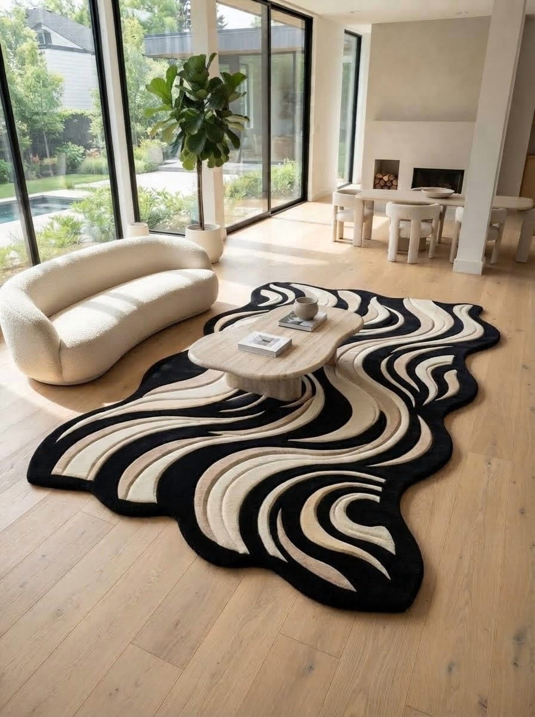 Hand-Tufted Wool Abstract Wavy Swirl Pattern Black and Cream Irregular ...