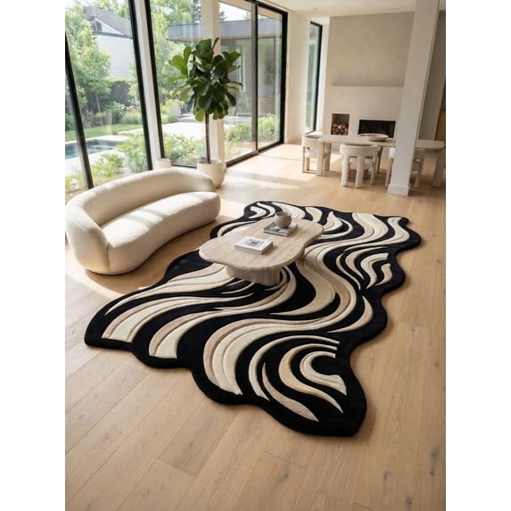 Wavy Edged Rug Hand-Tufted Wool Abstract Wavy Swirl Pattern Black and Cream Irregular ...