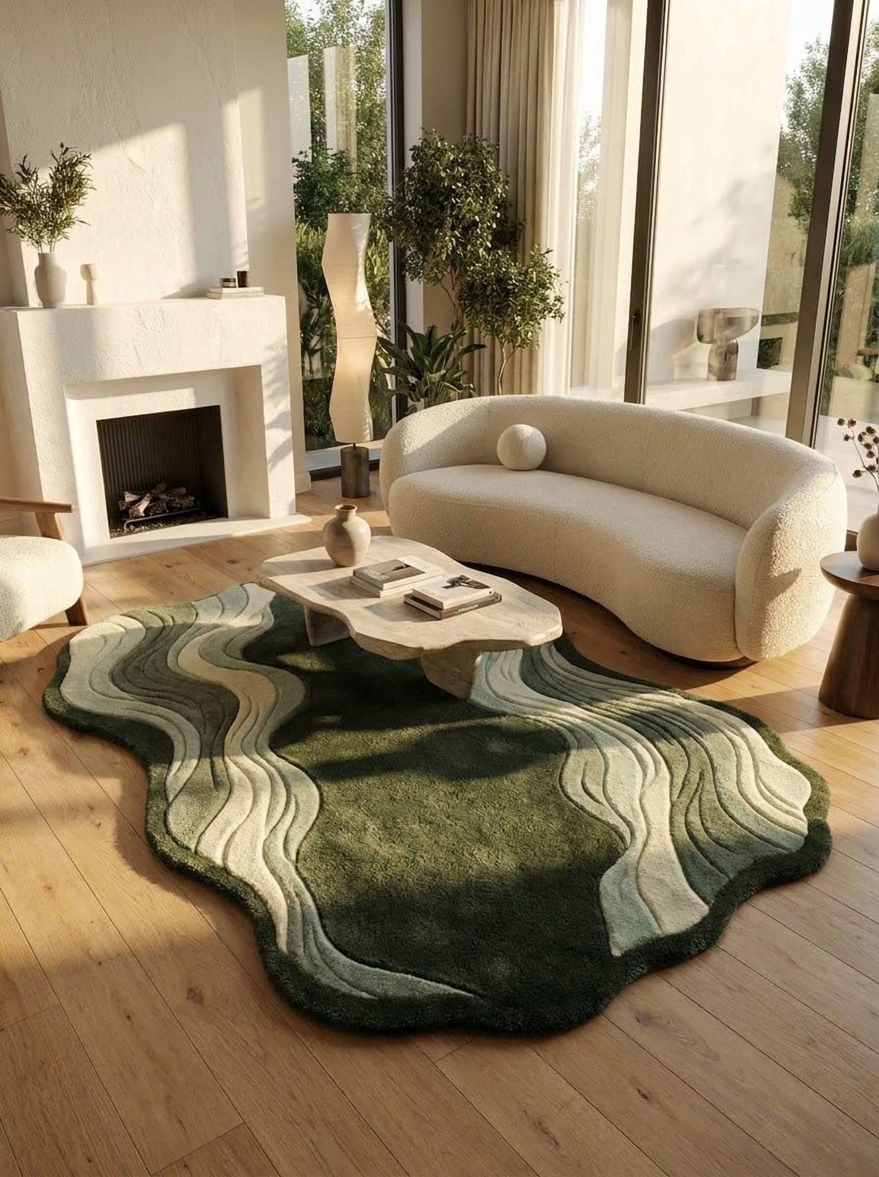 Hand-Tufted Wool Abstract Wavy Swirl Pattern Dark Green and Cream ...