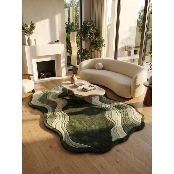 Livingroon Rug Hand-Tufted Wool Abstract Wavy Swirl Pattern Dark Green and Cream ...