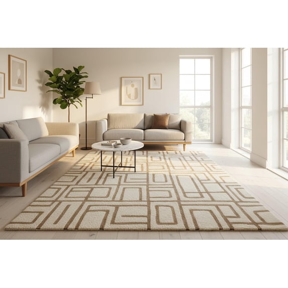Hand-Tufted Wool Accent Rug, Beige & Brown Abstract Geometric Pattern ...