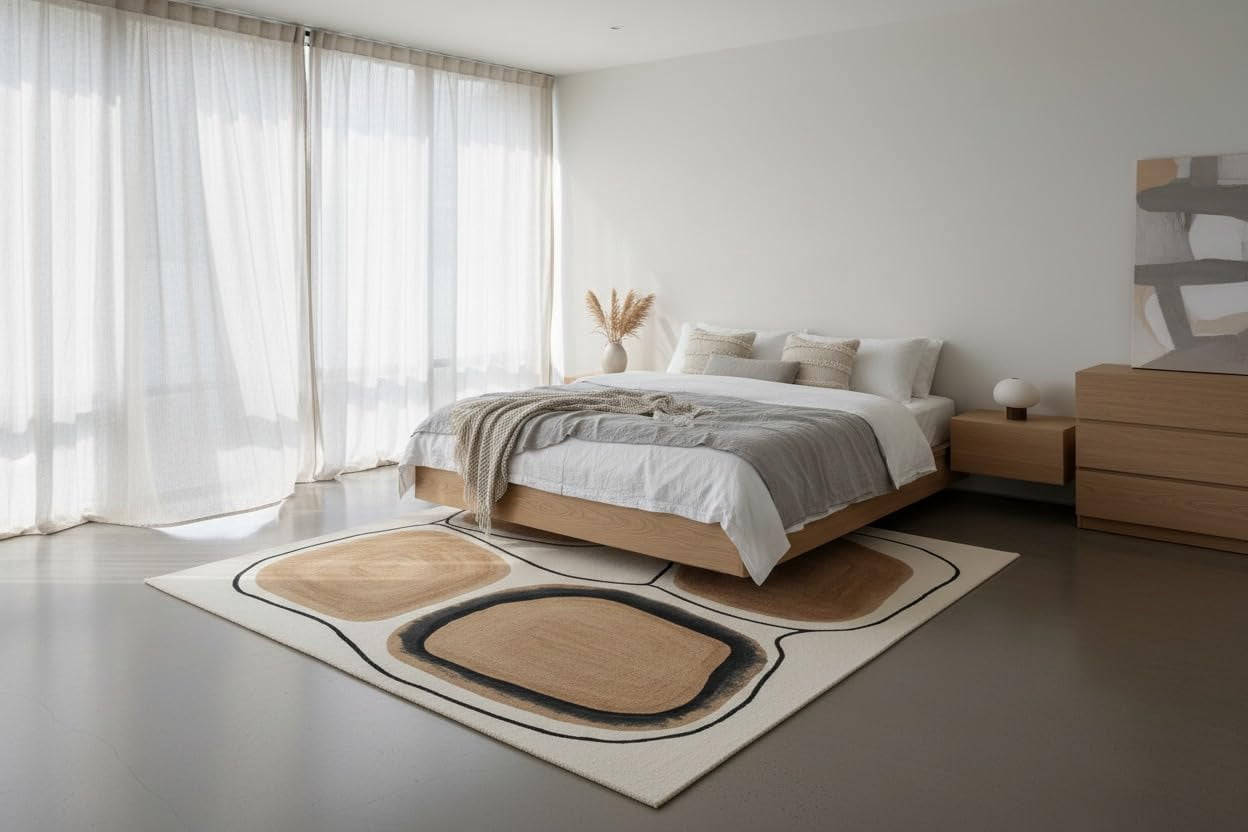 Small Reading Rug Hand-Tufted Wool Accent Rug, Cream & Brown Abstract Pebble Pattern ...