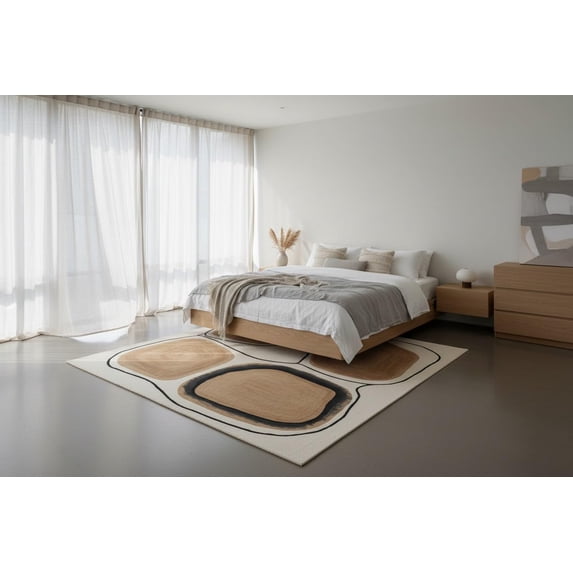 Wool Mix Abstract Rug Hand-Tufted Wool Accent Rug, Cream & Brown Abstract Pebble Pattern ...