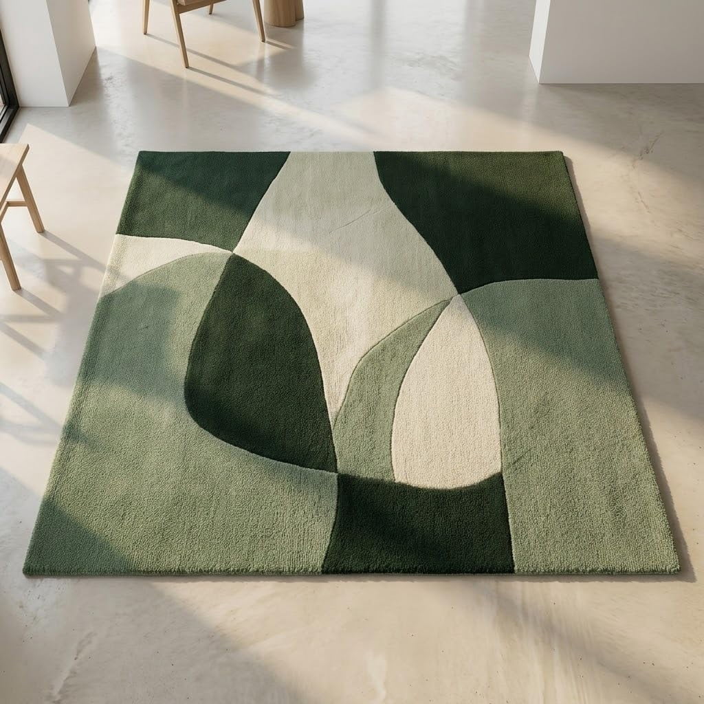 Corner Tech Pattern Hand-Tufted Wool Accent Rug, Green, Black & White Minimalist Pattern ...