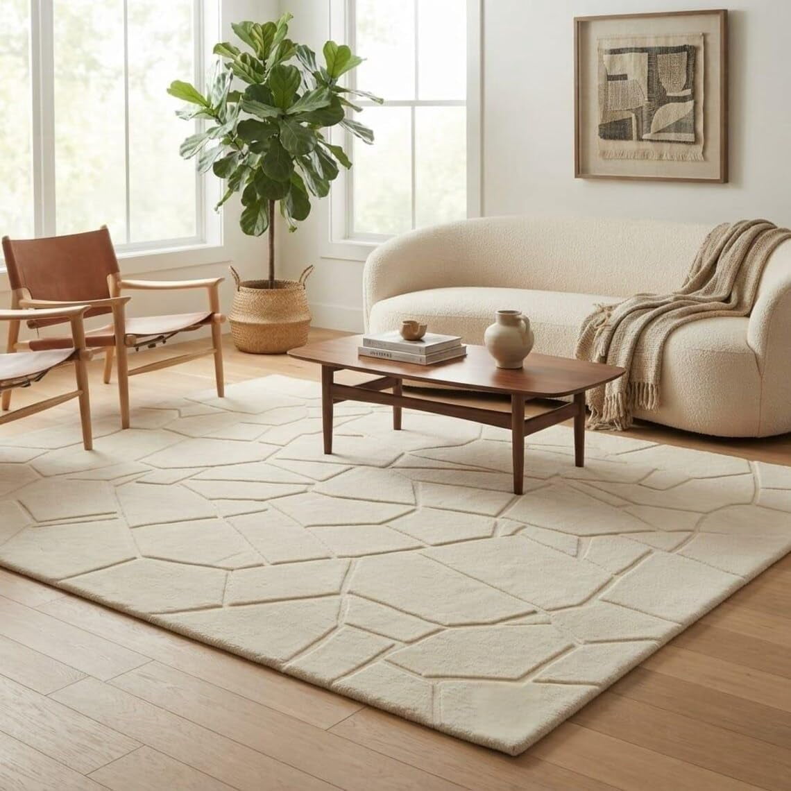 Hand-Tufted Wool Accent Rug with Textured Geometric Cracked Stone ...