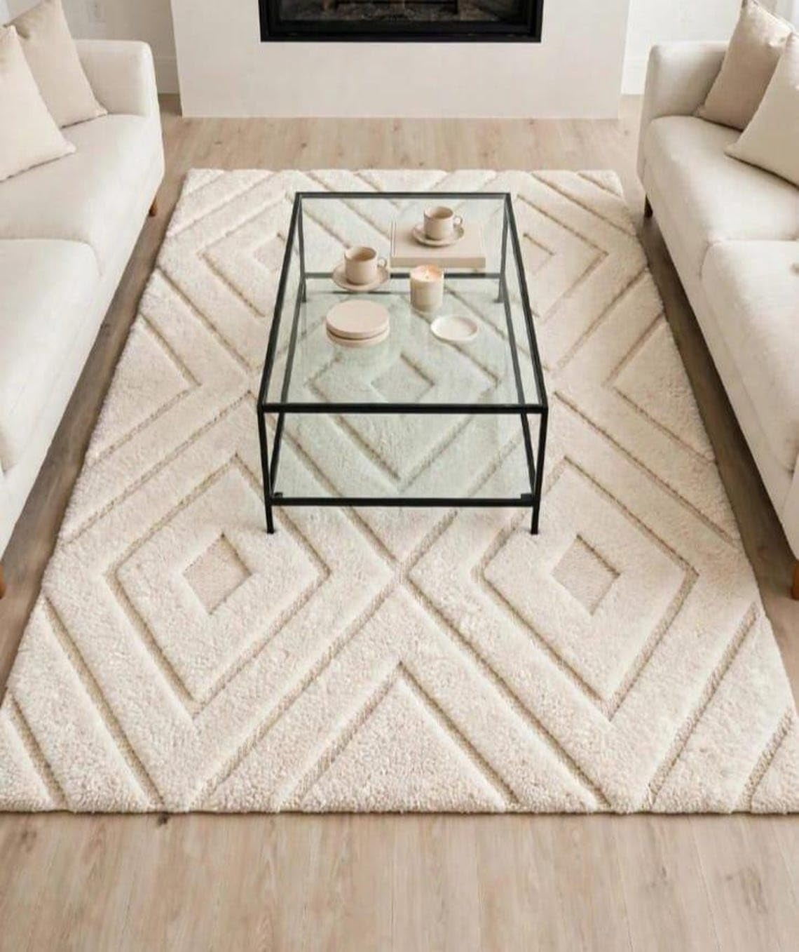 Diamond Textue Hand-Tufted Wool Accent Rug with Textured Geometric Diamond Trellis ...