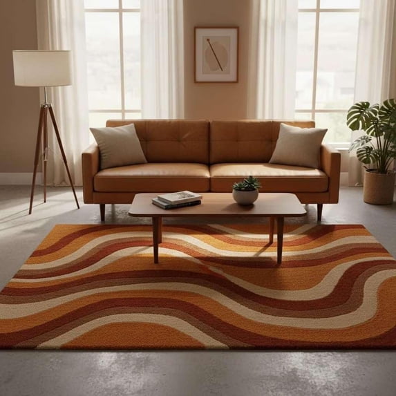 Patterned Wool Runner Rugs Hand-Tufted Wool Area Rug, Abstract Retro Wave Pattern, Terracotta ...