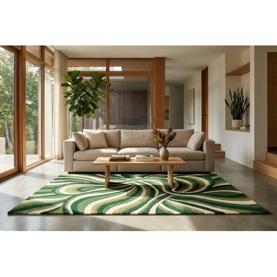Patterned Wool Runner Rugs Hand-Tufted Wool Area Rug, Abstract Wave Pattern in Green, Olive ...
