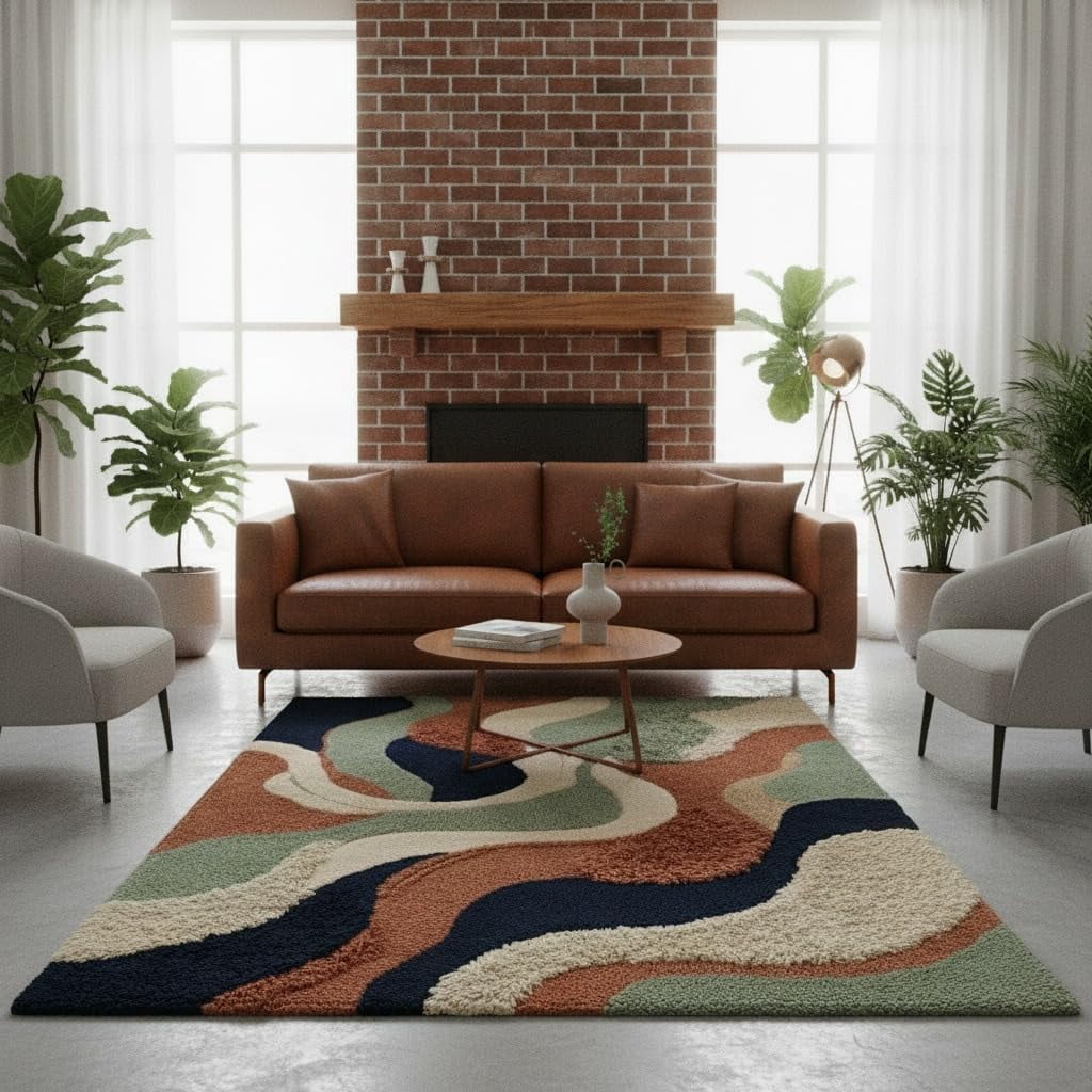 Square Pattern Extra Large Area Rug Hand-Tufted Wool Area Rug, Abstract Wave Pattern in Sage Green ...