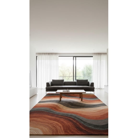 Hand-Tufted Wool Area Rug, Abstract Wave Pattern in Terracotta, Rust, Charcoal, Beige & Ivory, Modern Contemporary Carpet for Living Room, Reading Nook & Home Decor – 6x6 Feet Square