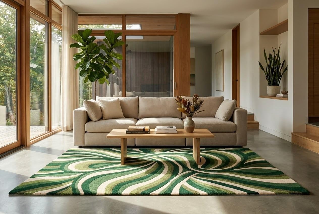 Square Pattern Extra Large Area Rug Hand-Tufted Wool Area Rug, Abstract Wave Pattern in Green, Olive ...
