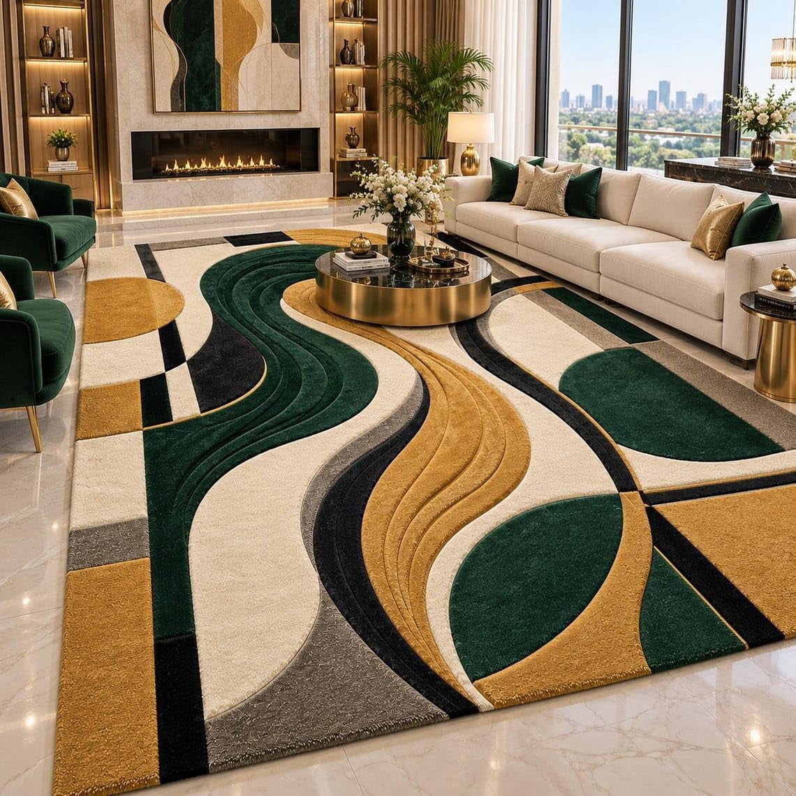 Wavy Ribbon Green Hand-Tufted Wool Area Rug with Abstract Wavy Ribbon Geometric Pattern ...