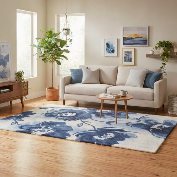 Patterned Wool Runner Rugs Hand-Tufted Wool Area Rug, Floral Botanical Pattern, Decorative Indoor ...