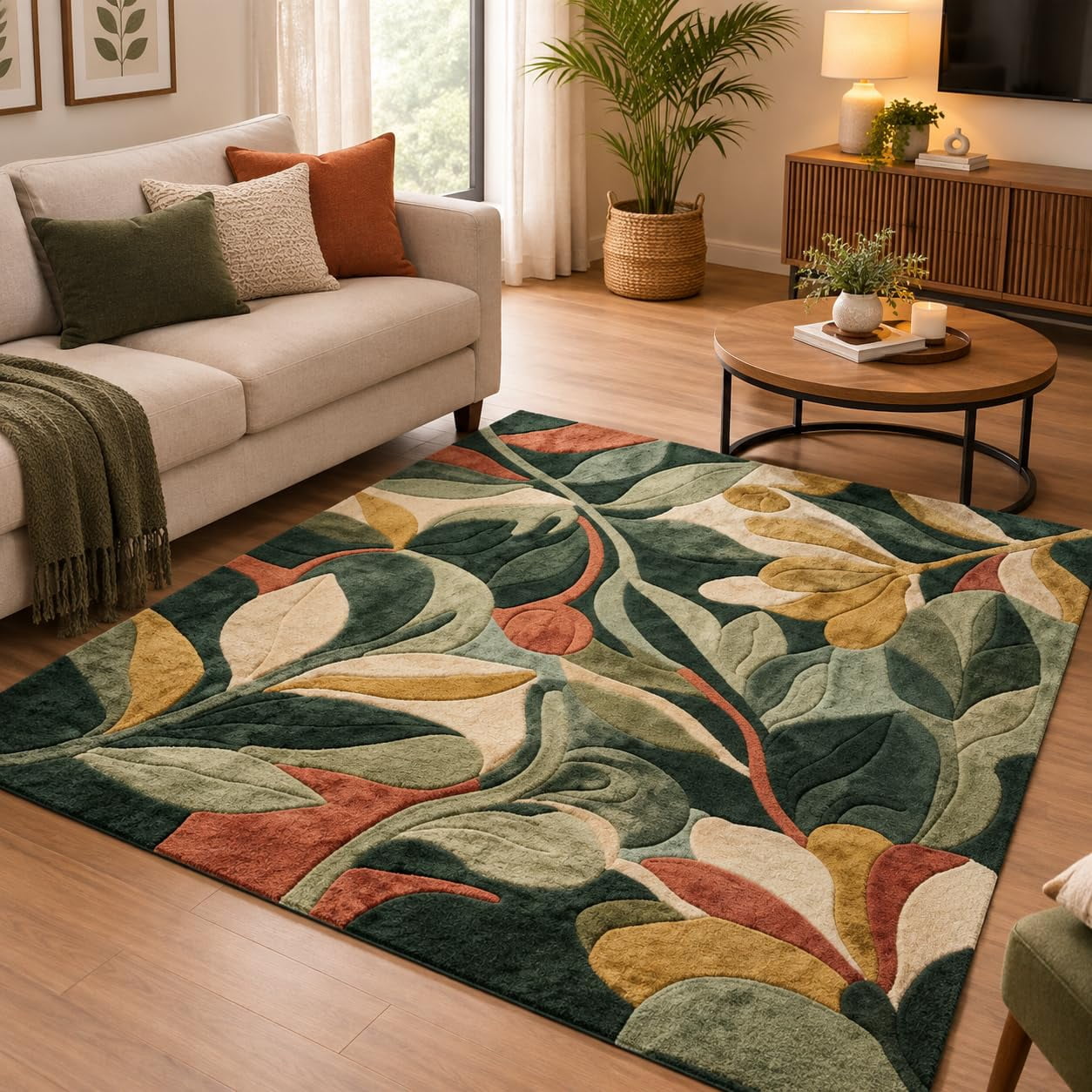 Square Pattern Extra Large Area Rug Hand-Tufted Wool Area Rug, Handmade Abstract Tropical Leaf Pattern ...