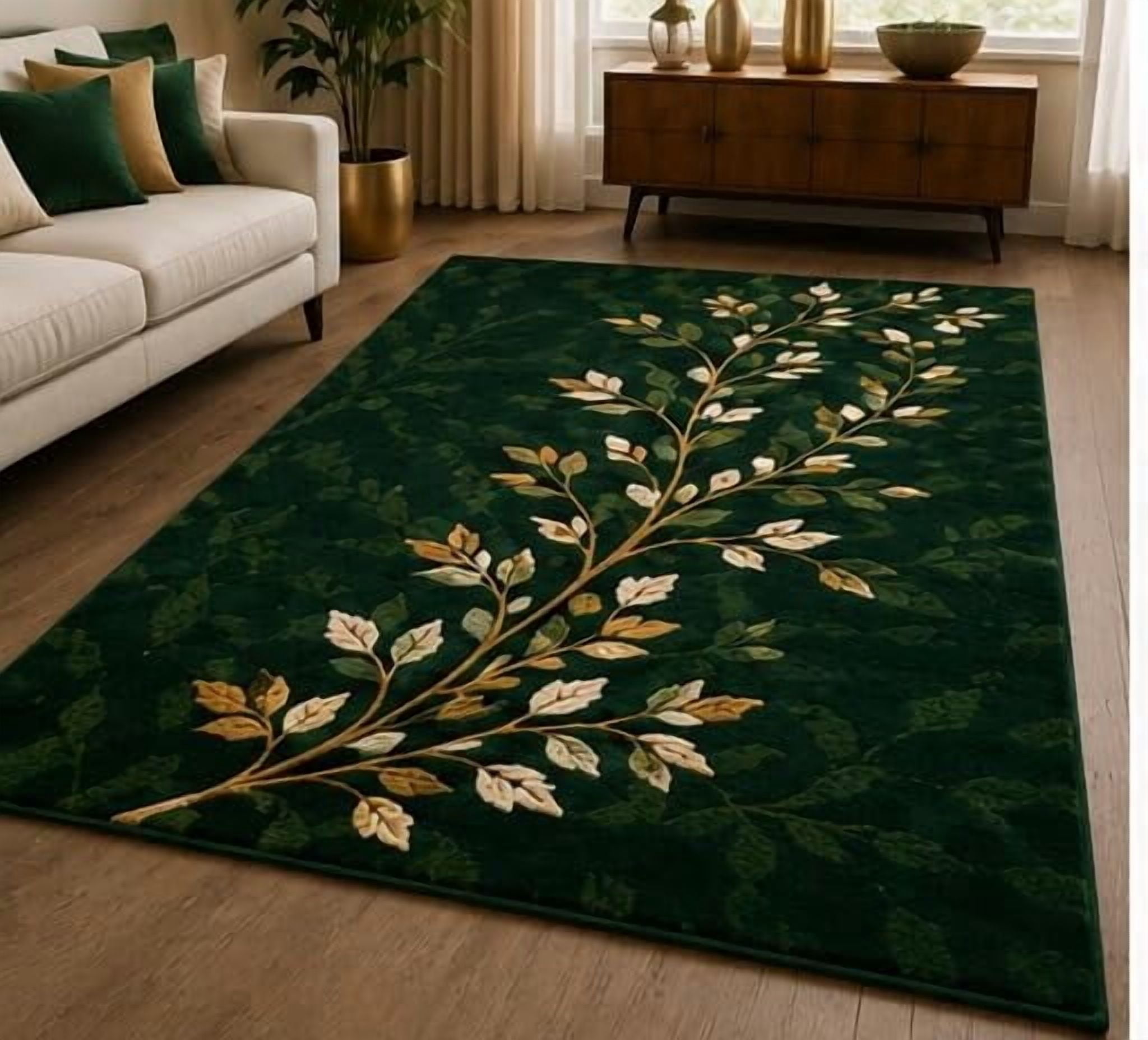 Leafy Handmade Rug Hand-Tufted Wool Area Rug, Handmade Elegant Emerald Green Vine and Leaf ...