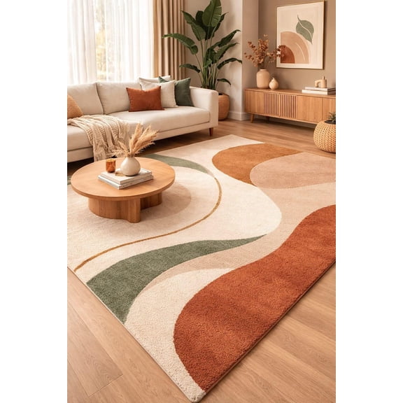 Hand-Tufted Wool Area Rug, Handmade Modern Abstract Curved Arch Pattern Carpet for Living Room and Bedroom, 6x6 ft Square