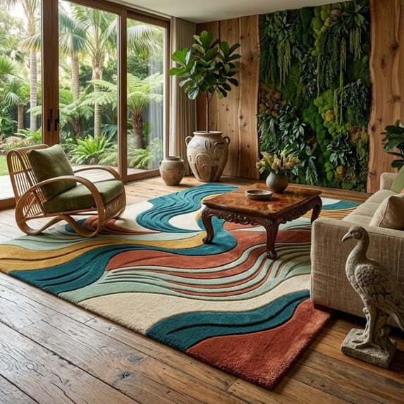 4x6 Rectangular Rug For Bedroom Hand-Tufted Wool Area Rug, Handmade Modern Abstract Wave Swirl Pattern ...