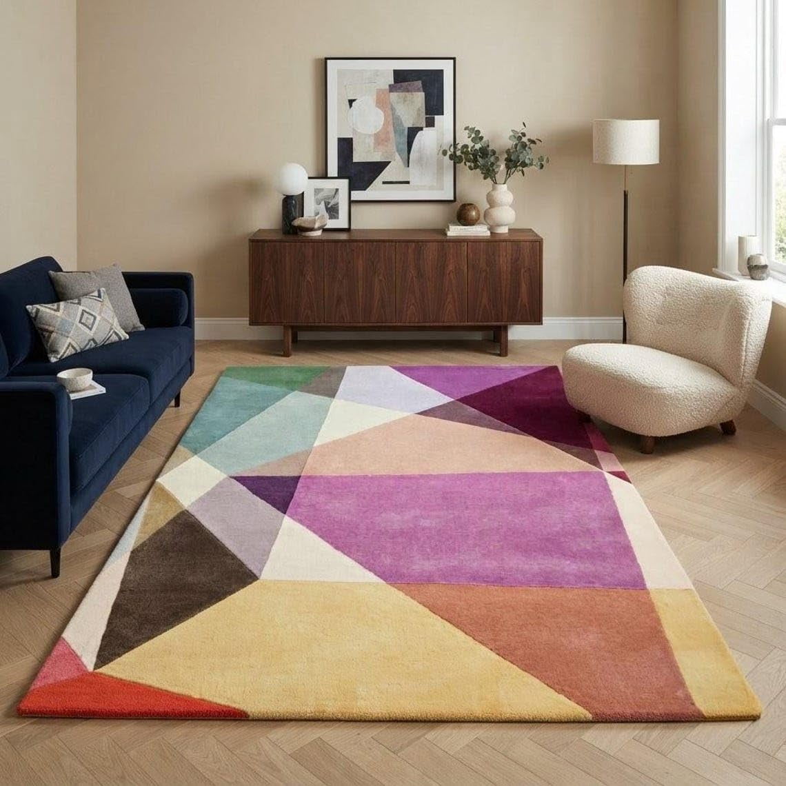 Simple Geometric Patterns Rug Hand-Tufted Wool Area Rug, Handmade Modern Multi Color Abstract ...