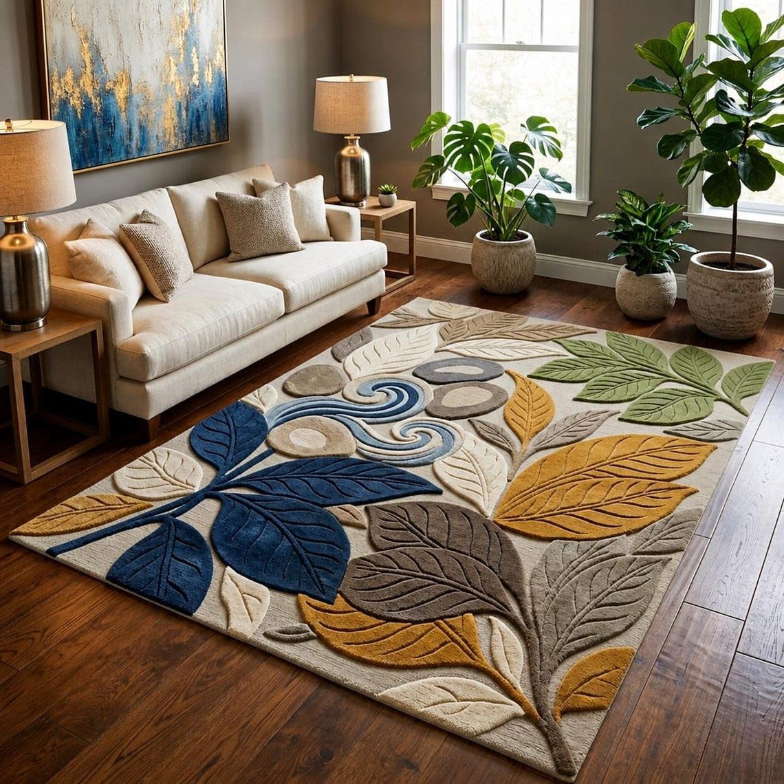 Multiple Patterned Rug Hand-Tufted Wool Area Rug, Handmade Modern Multi Color Leaf Pattern ...