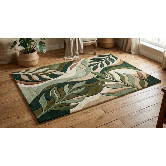Patterned Wool Runner Rugs Hand-Tufted Wool Area Rug, Handmade Modern Sage Green Leaf Pattern ...