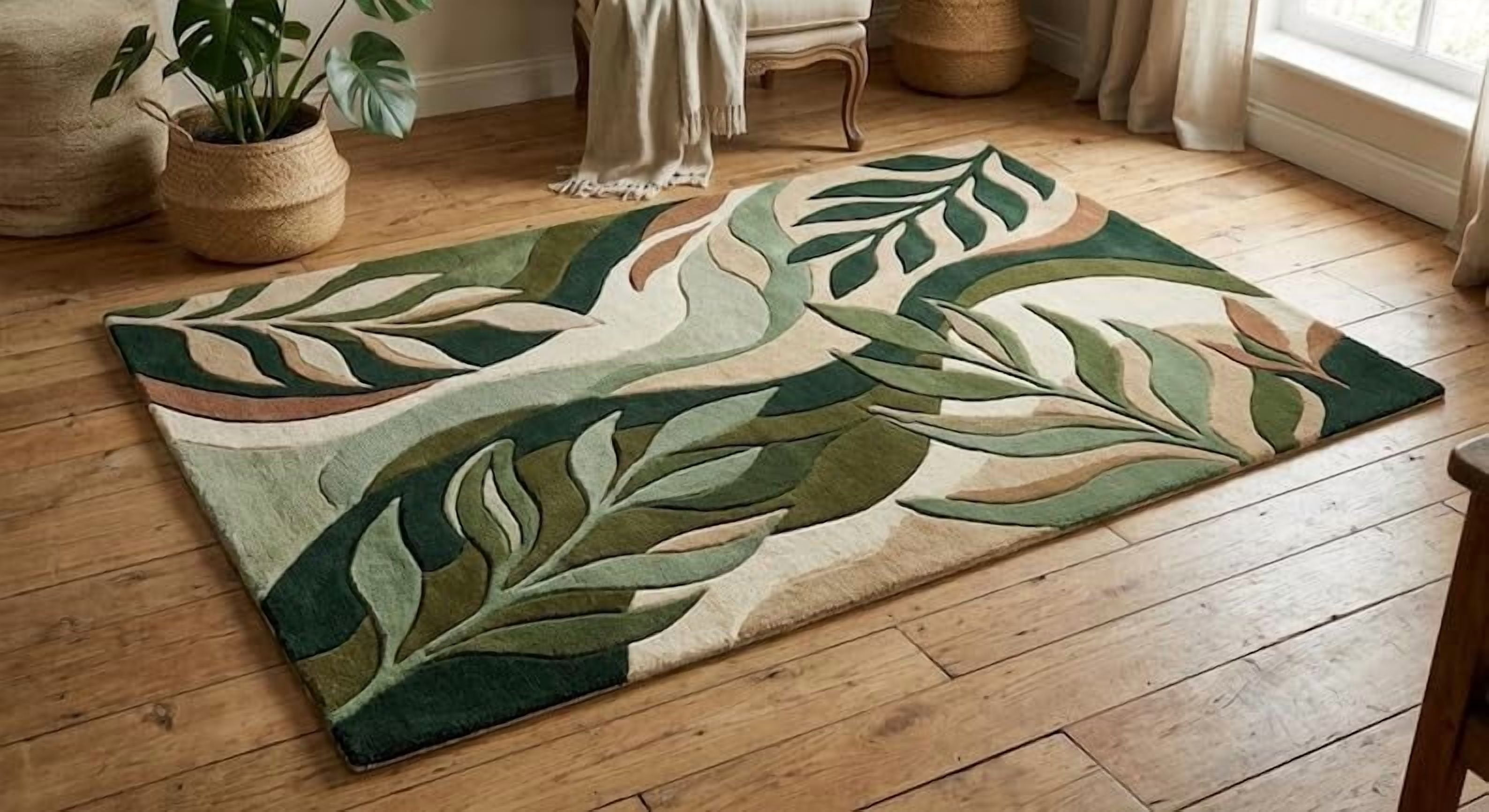 Leafy Handmade Rug Hand-Tufted Wool Area Rug, Handmade Modern Sage Green Leaf Pattern ...