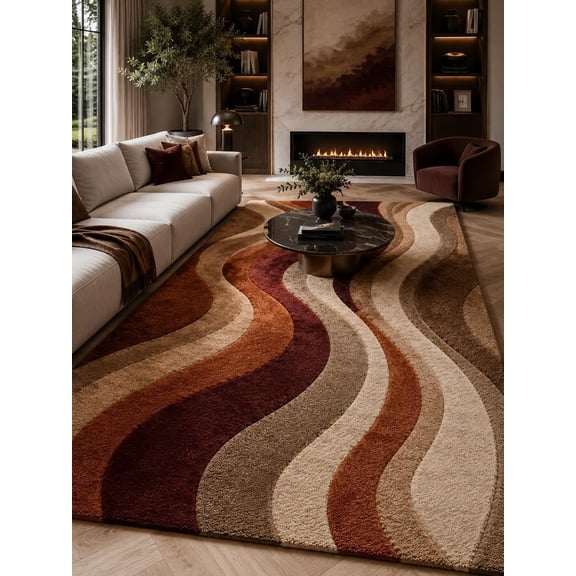 Hand-Tufted Wool Abstract Wavy Retro Pattern Orange Cream and Olive ...