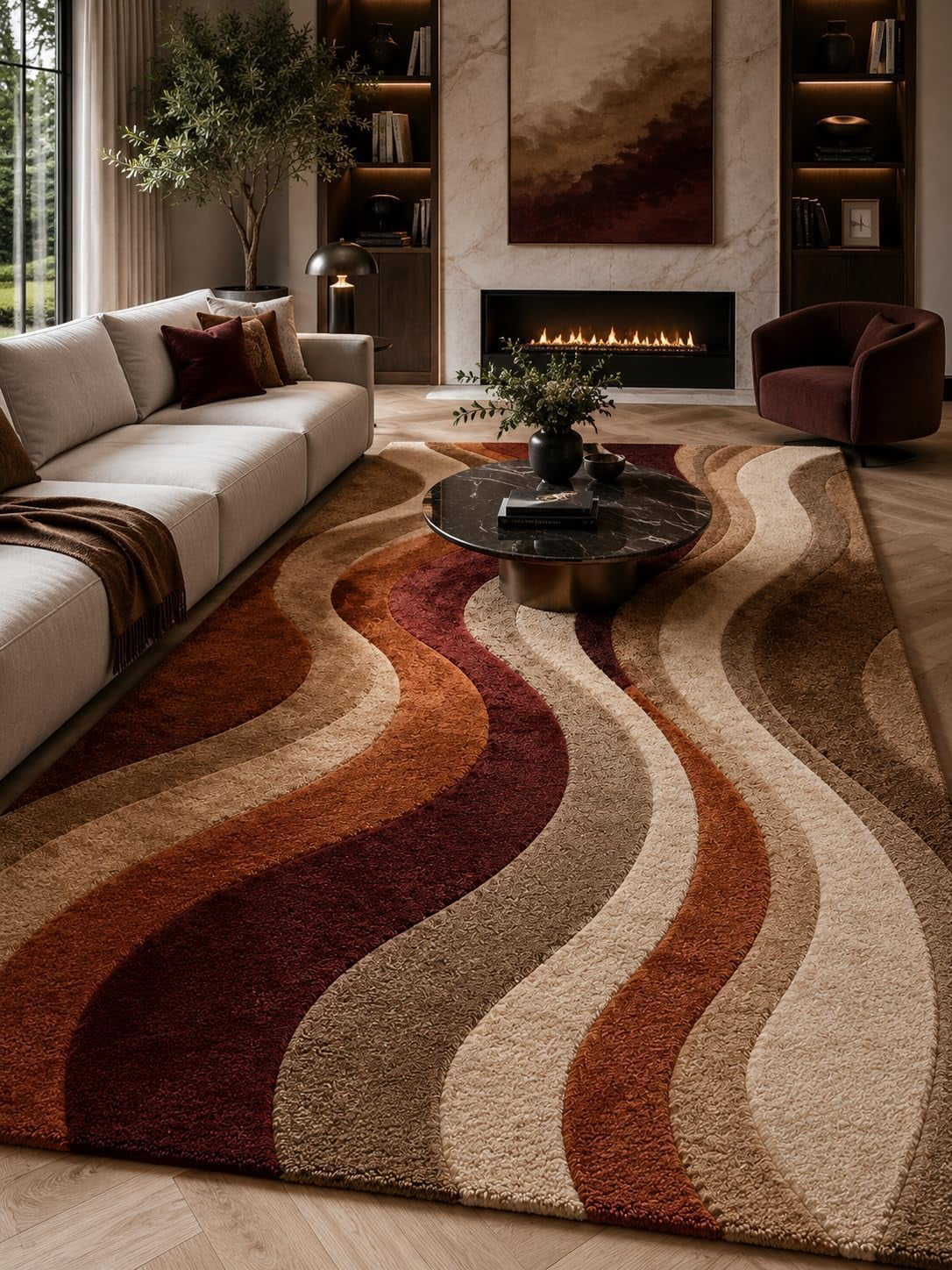 Hand Tufted Wool Area Rug Modern Retro Wavy Abstract Carpet for Living ...