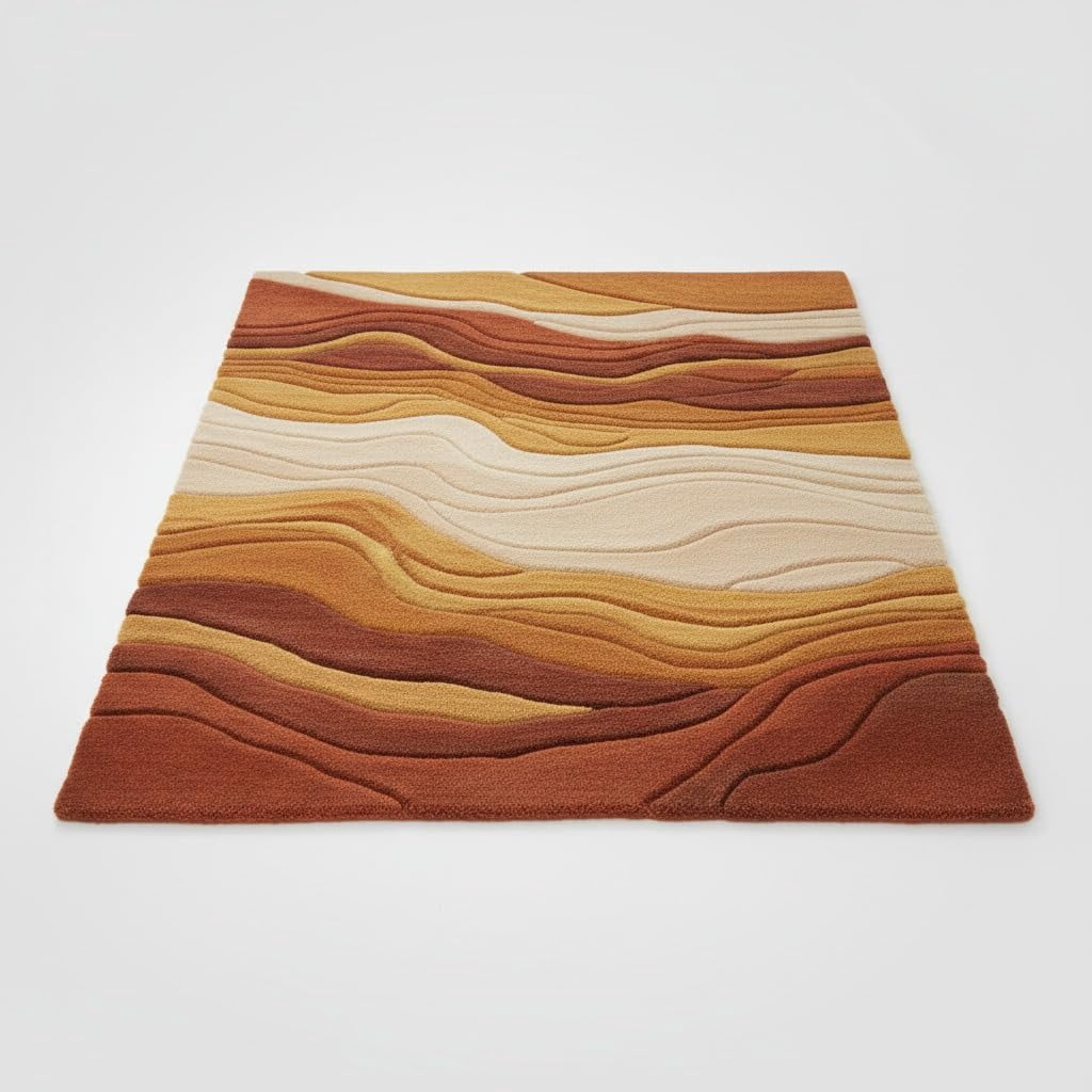 Square Pattern Extra Large Area Rug Hand-Tufted Wool Area Rug, Modern Wave Pattern, Terracotta, Rust, Brown ...