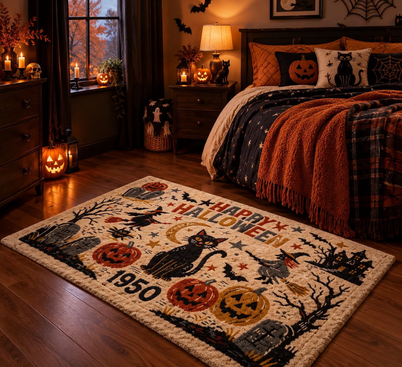 Hand-Tufted Wool Area Rug, Retro Black Cat and Pumpkin Holiday Accent ...