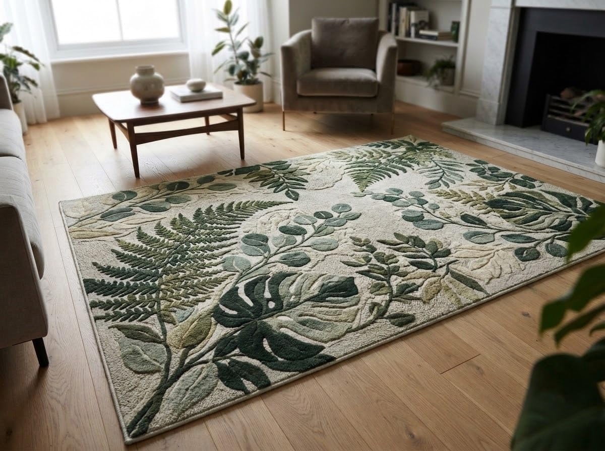 Hand-Tufted Wool Botanical Fern and Monstera Leaf Area Rug for Living ...