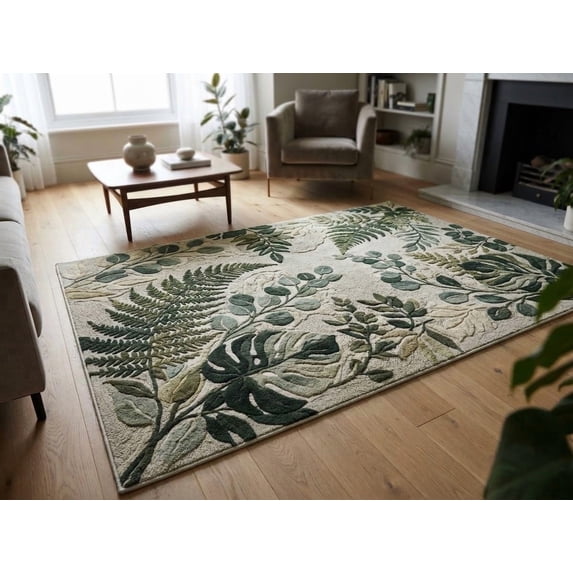 Livingroon Rug Hand-Tufted Wool Botanical Fern and Monstera Leaf Area Rug for Living ...