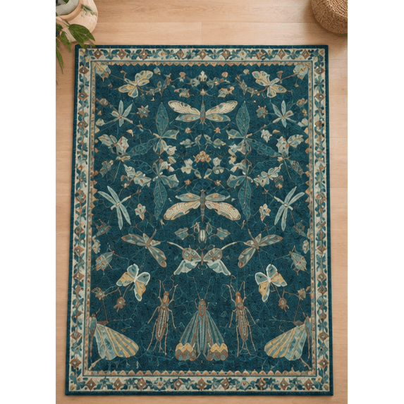 Patterned Wool Runner Rugs Hand-Tufted Wool Entomological Pattern Area Rug in Deep Teal and Gold ...