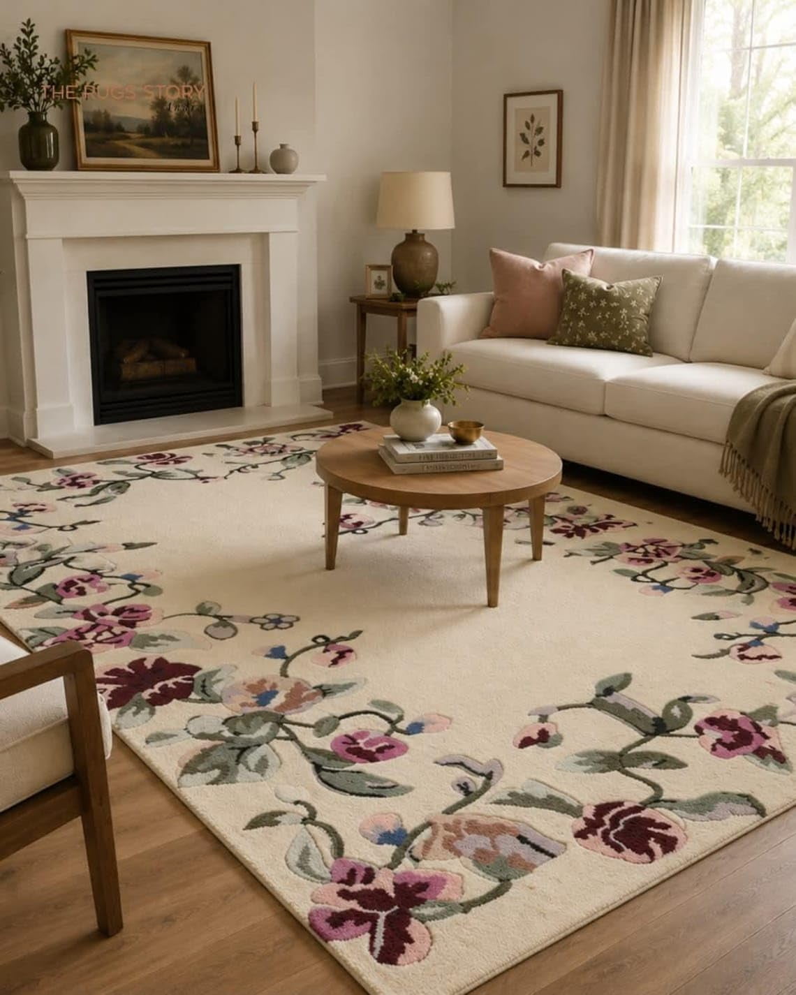 Hand-Tufted Wool Floral Rug, Botanical Cream Carpet for Living Room and ...