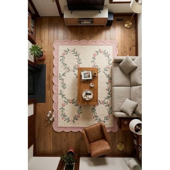 Pink Rug Room Hand-Tufted Wool Floral Scalloped Area Rug, Cream and Pink Botanical ...