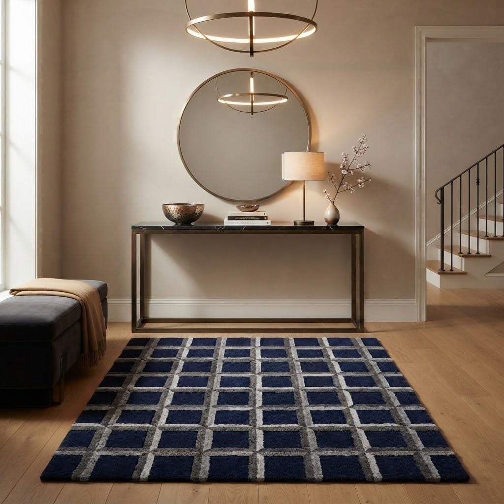 Patterned Wool Runner Rugs Hand-Tufted Wool Geometric Grid Checkered Pattern Multi-Color Area Rug ...